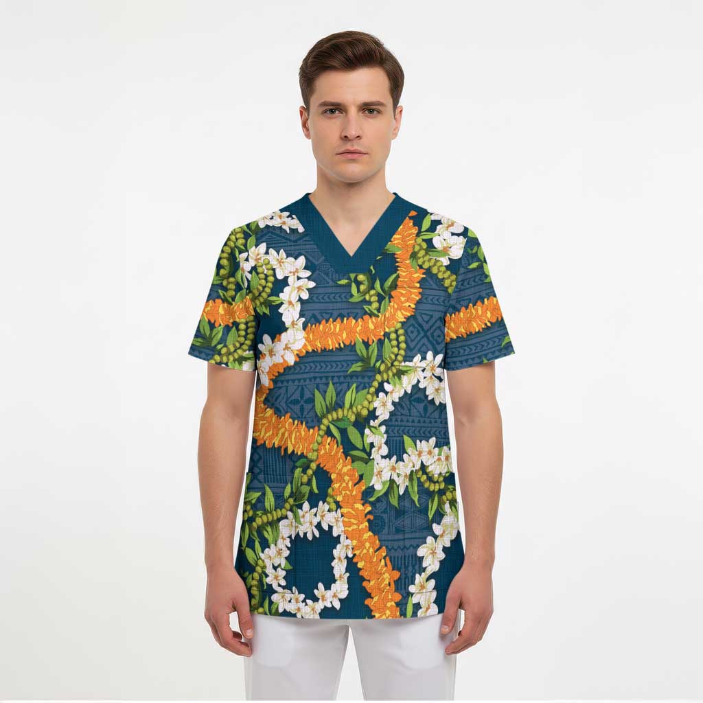 Aloha Festive Hawaii Scrub Top Mokihana - Maile and Ilima on Navy Blue - Polynesian Pride