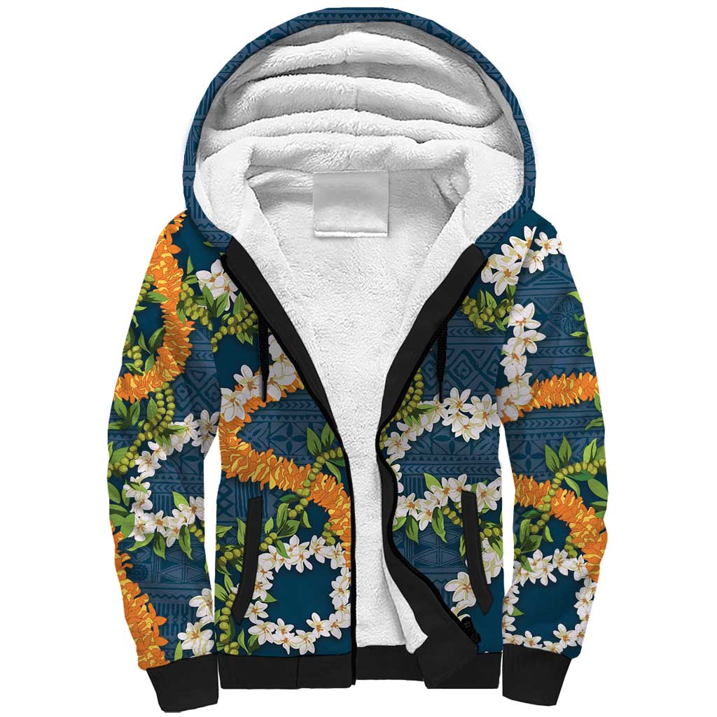 Aloha Festive Hawaii Sherpa Hoodie Mokihana - Maile and Ilima on Navy Blue - Polynesian Pride