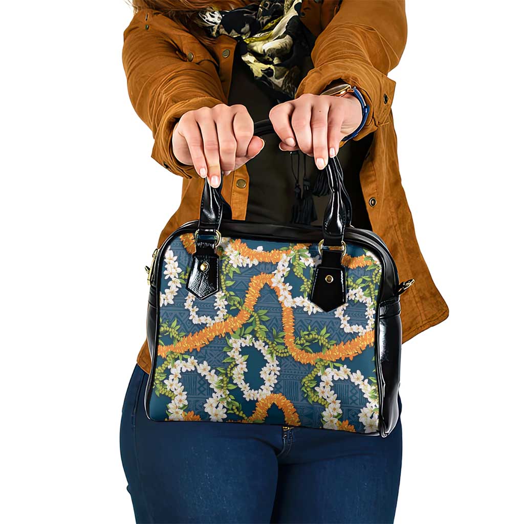 Aloha Festive Hawaii Shoulder Handbag Mokihana - Maile and Ilima on Navy Blue - Polynesian Pride
