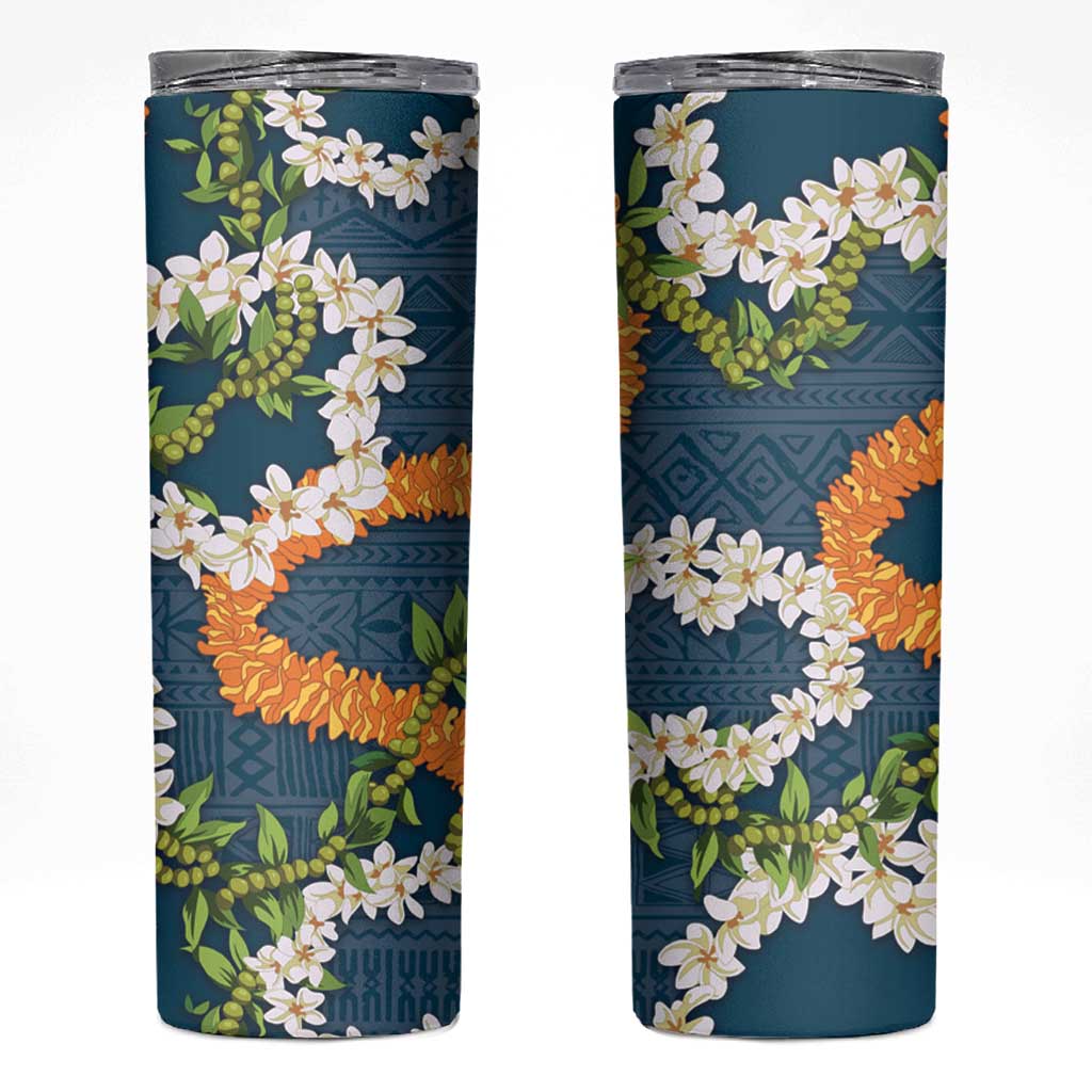 Aloha Festive Hawaii Skinny Tumbler Mokihana - Maile and Ilima on Navy Blue - Polynesian Pride