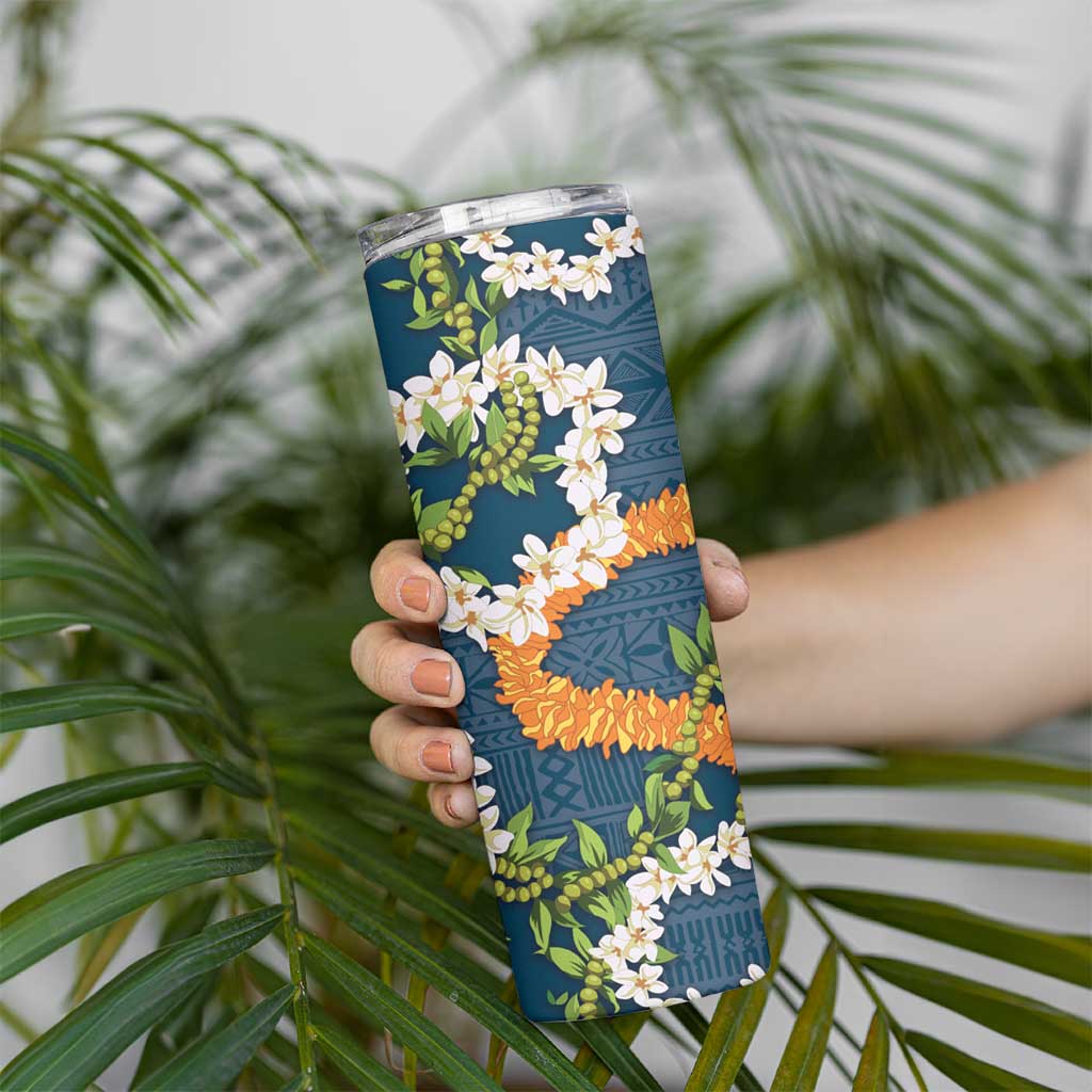 Aloha Festive Hawaii Skinny Tumbler Mokihana - Maile and Ilima on Navy Blue - Polynesian Pride