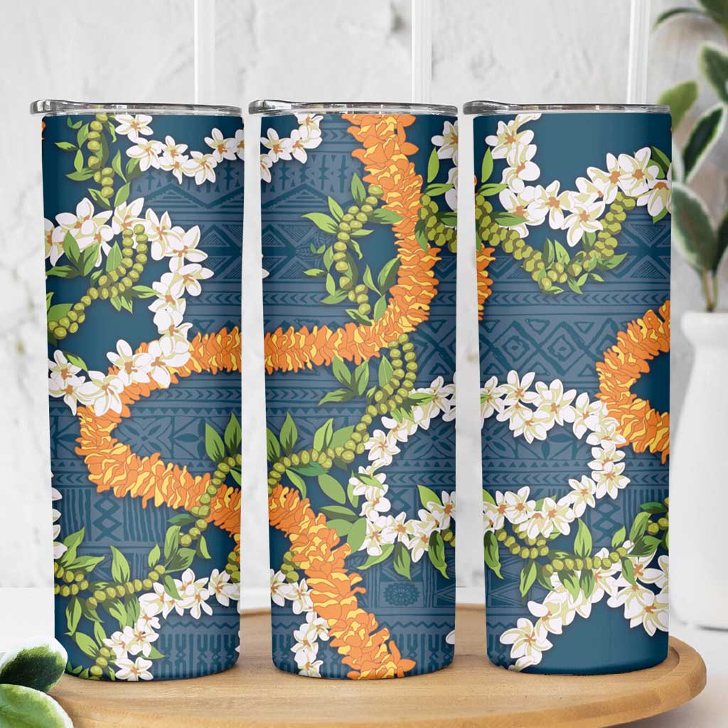 Aloha Festive Hawaii Skinny Tumbler Mokihana - Maile and Ilima on Navy Blue - Polynesian Pride