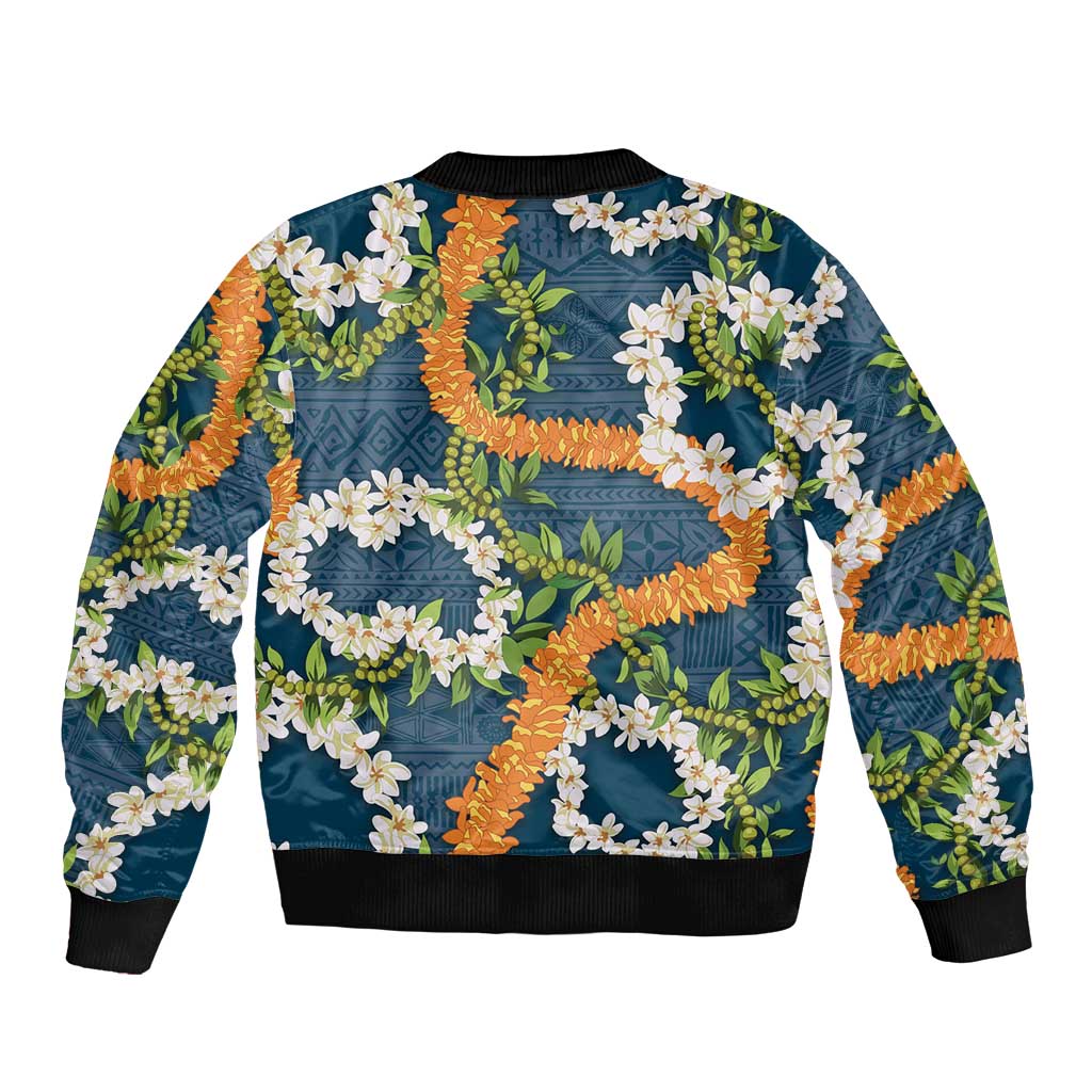Aloha Festive Hawaii Sleeve Zip Bomber Jacket Mokihana - Maile and Ilima on Navy Blue - Polynesian Pride
