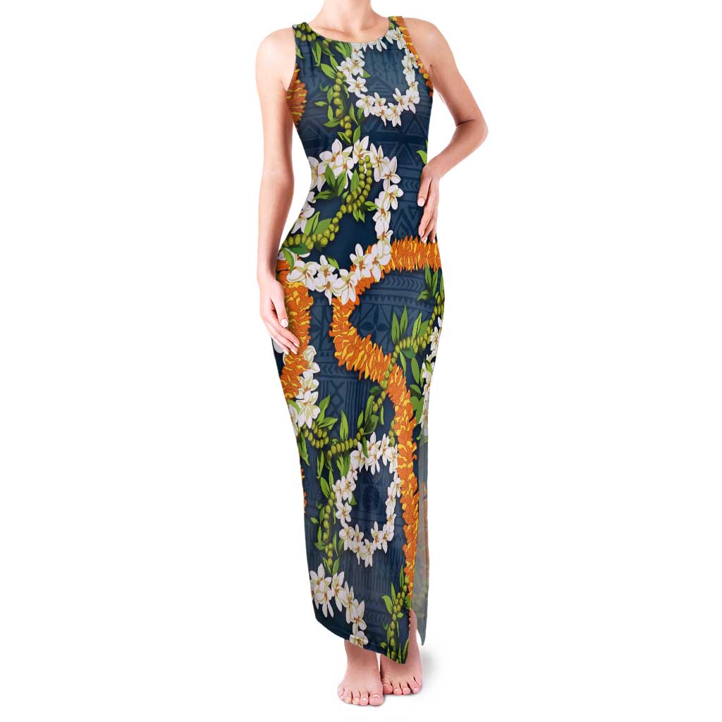 Aloha Festive Hawaii Tank Maxi Dress Mokihana - Maile and Ilima on Navy Blue - Polynesian Pride