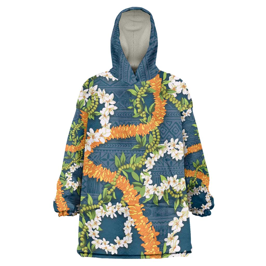 Aloha Festive Hawaii Wearable Blanket Hoodie Mokihana - Maile and Ilima on Navy Blue - Polynesian Pride
