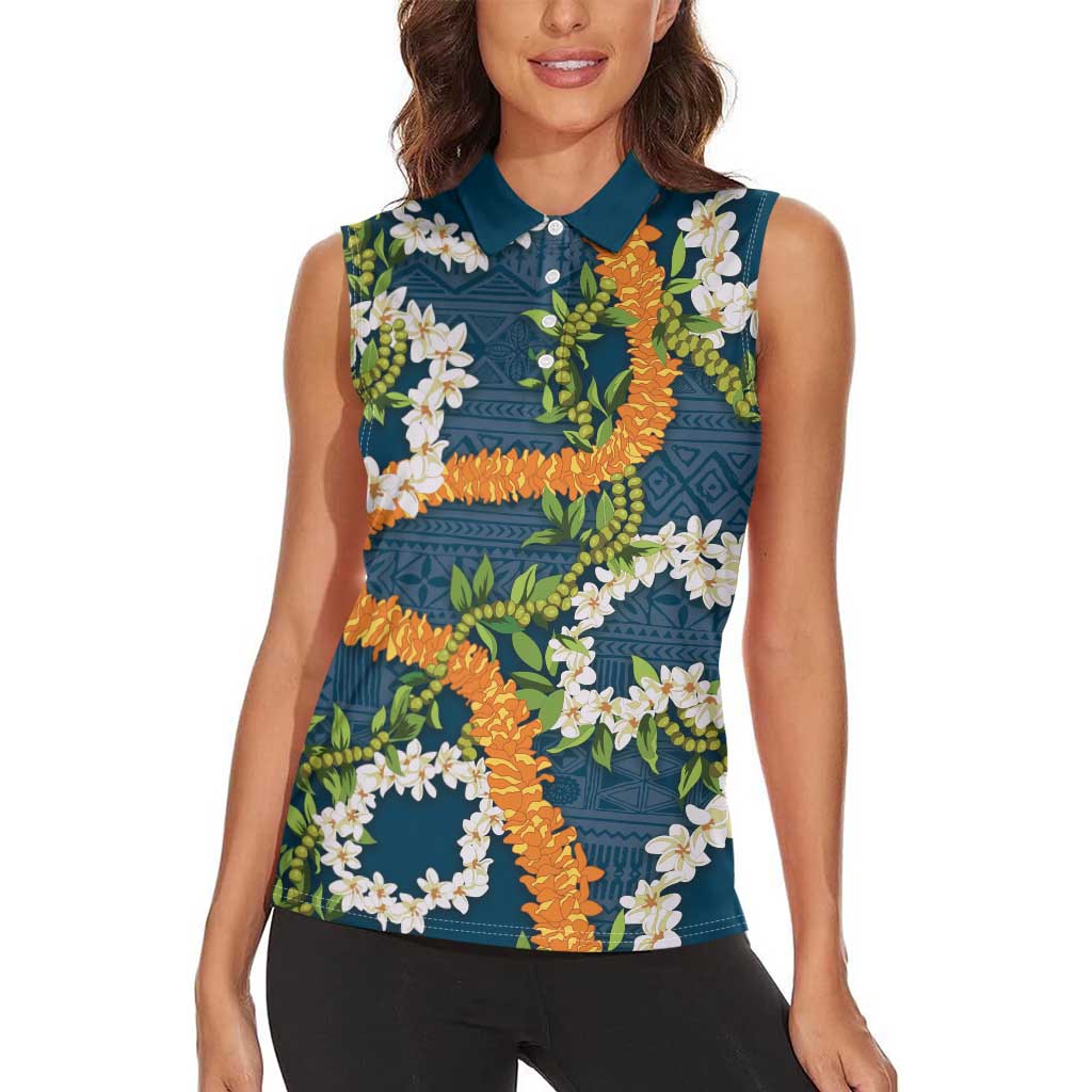 Aloha Festive Hawaii Women Sleeveless Polo Shirt Mokihana - Maile and Ilima on Navy Blue - Polynesian Pride