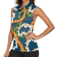 Aloha Festive Hawaii Women Sleeveless Polo Shirt Mokihana - Maile and Ilima on Navy Blue - Polynesian Pride