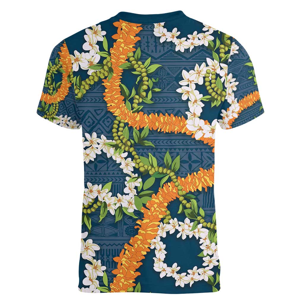 Aloha Festive Hawaii Women V-Neck T-Shirt Mokihana - Maile and Ilima on Navy Blue - Polynesian Pride