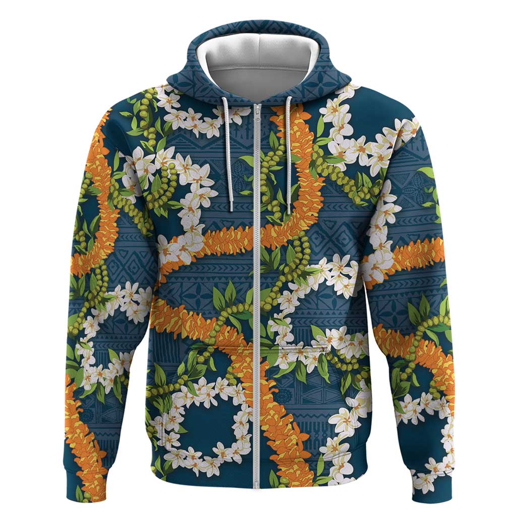 Aloha Festive Hawaii Zip Hoodie Mokihana - Maile and Ilima on Navy Blue - Polynesian Pride
