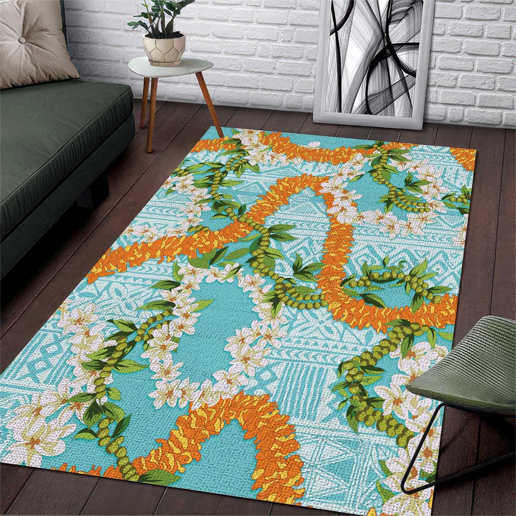 Aloha Festive Hawaii Area Rug Mokihana - Maile and Ilima on Turquoise - Polynesian Pride