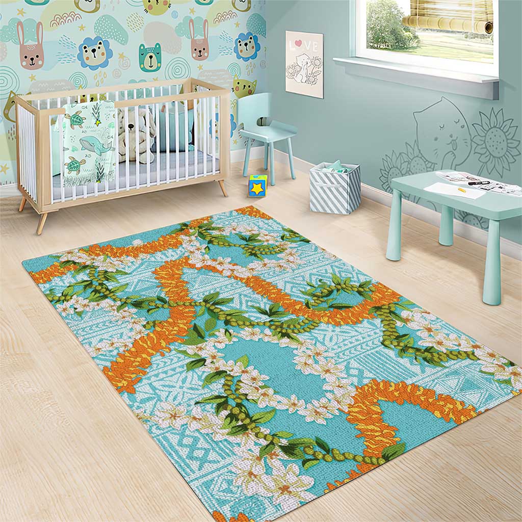 Aloha Festive Hawaii Area Rug Mokihana - Maile and Ilima on Turquoise - Polynesian Pride