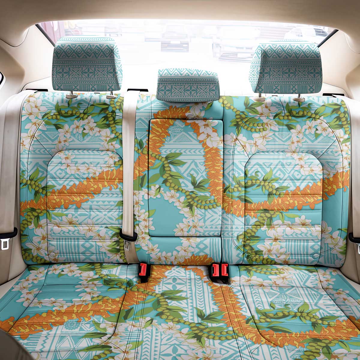 Aloha Festive Hawaii Back Car Seat Cover Mokihana - Maile and Ilima on Turquoise - Polynesian Pride