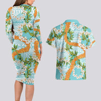 Aloha Festive Hawaii Couples Matching Long Sleeve Bodycon Dress and Hawaiian Shirt Mokihana - Maile and Ilima on Turquoise - Polynesian Pride