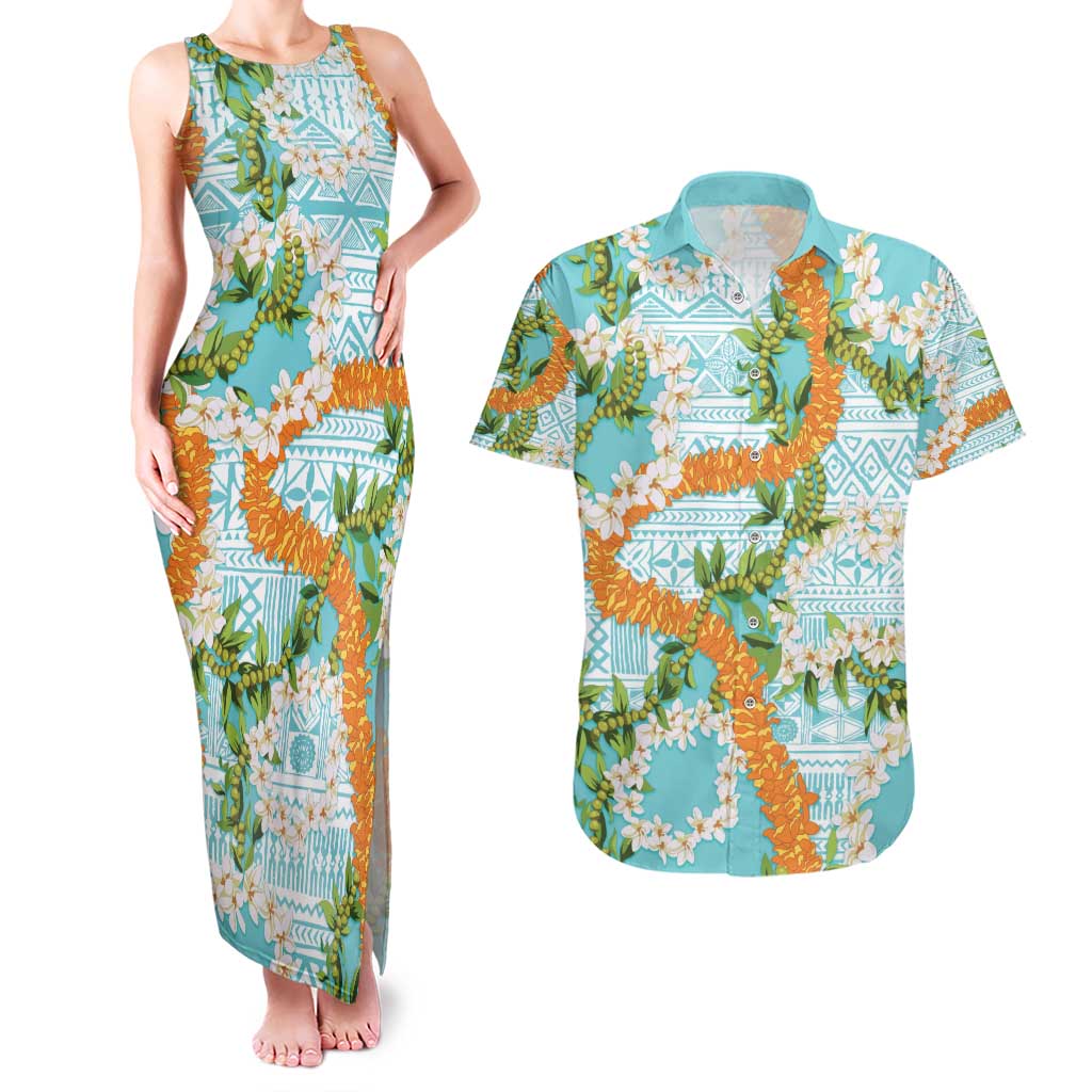 Aloha Festive Hawaii Couples Matching Tank Maxi Dress and Hawaiian Shirt Mokihana - Maile and Ilima on Turquoise - Polynesian Pride