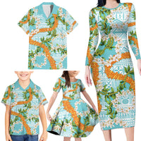 Aloha Festive Hawaii Family Matching Long Sleeve Bodycon Dress and Hawaiian Shirt Mokihana - Maile and Ilima on Turquoise - Polynesian Pride