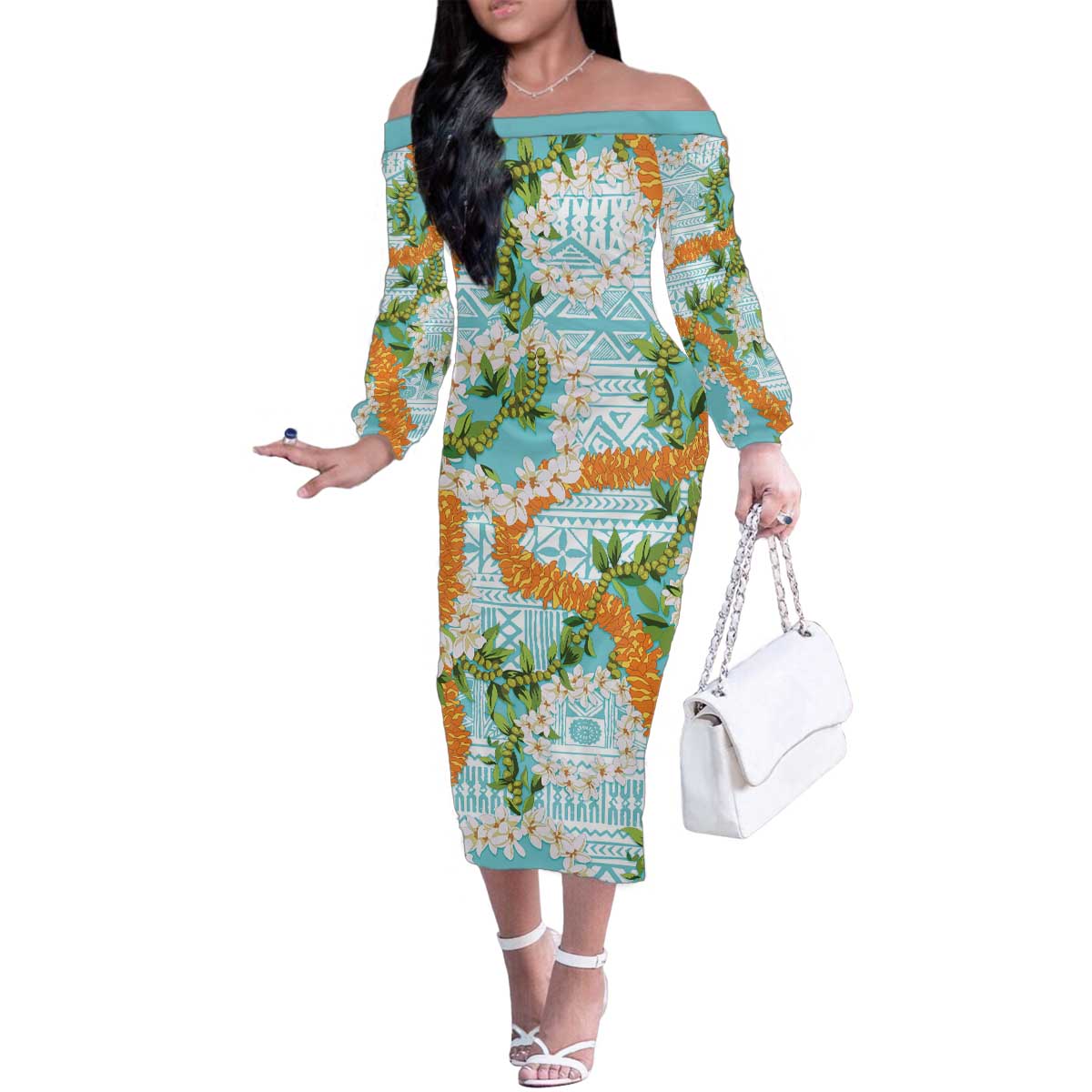 Aloha Festive Hawaii Family Matching Off The Shoulder Long Sleeve Dress and Hawaiian Shirt Mokihana - Maile and Ilima on Turquoise - Polynesian Pride