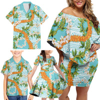 Aloha Festive Hawaii Family Matching Off Shoulder Short Dress and Hawaiian Shirt Mokihana - Maile and Ilima on Turquoise - Polynesian Pride