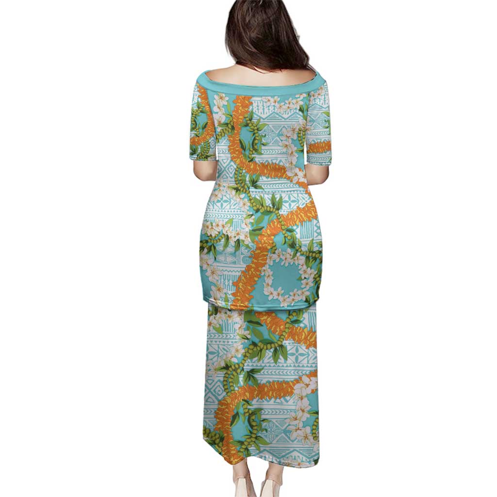 Aloha Festive Hawaii Family Matching Puletasi and Hawaiian Shirt Mokihana - Maile and Ilima on Turquoise - Polynesian Pride