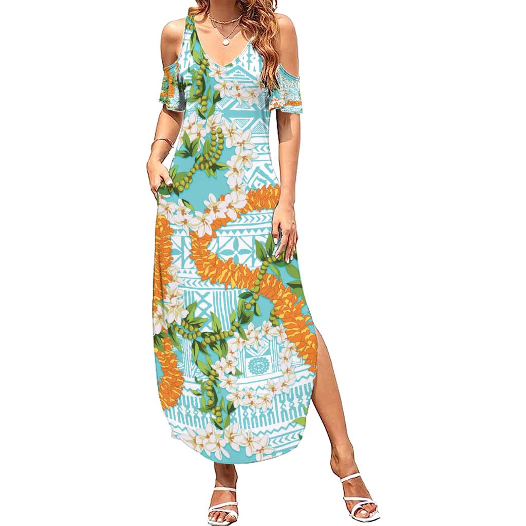 Aloha Festive Hawaii Family Matching Summer Maxi Dress and Hawaiian Shirt Mokihana - Maile and Ilima on Turquoise - Polynesian Pride