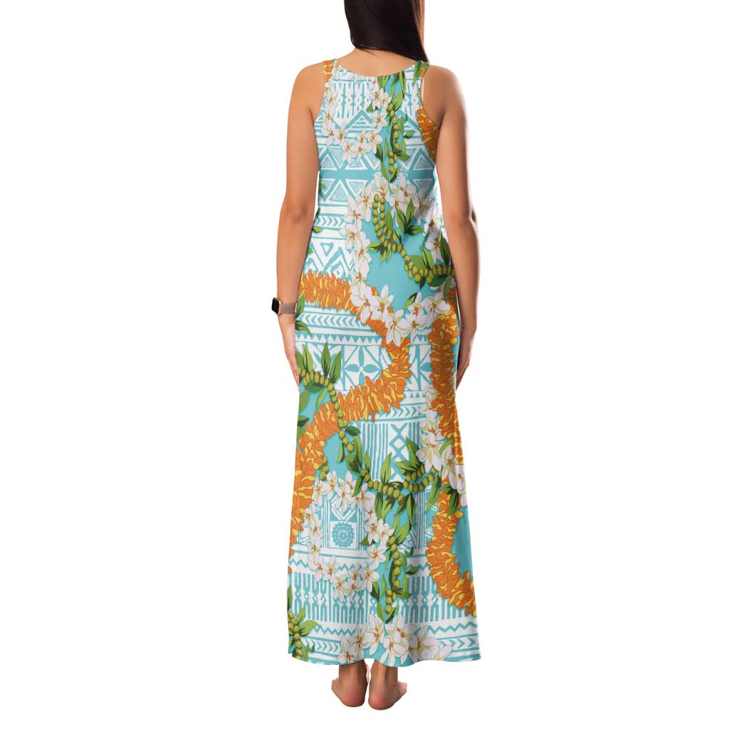 Aloha Festive Hawaii Family Matching Tank Maxi Dress and Hawaiian Shirt Mokihana - Maile and Ilima on Turquoise - Polynesian Pride