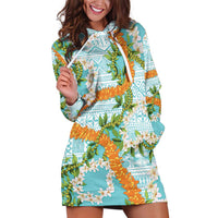 Aloha Festive Hawaii Hoodie Dress Mokihana - Maile and Ilima on Turquoise - Polynesian Pride