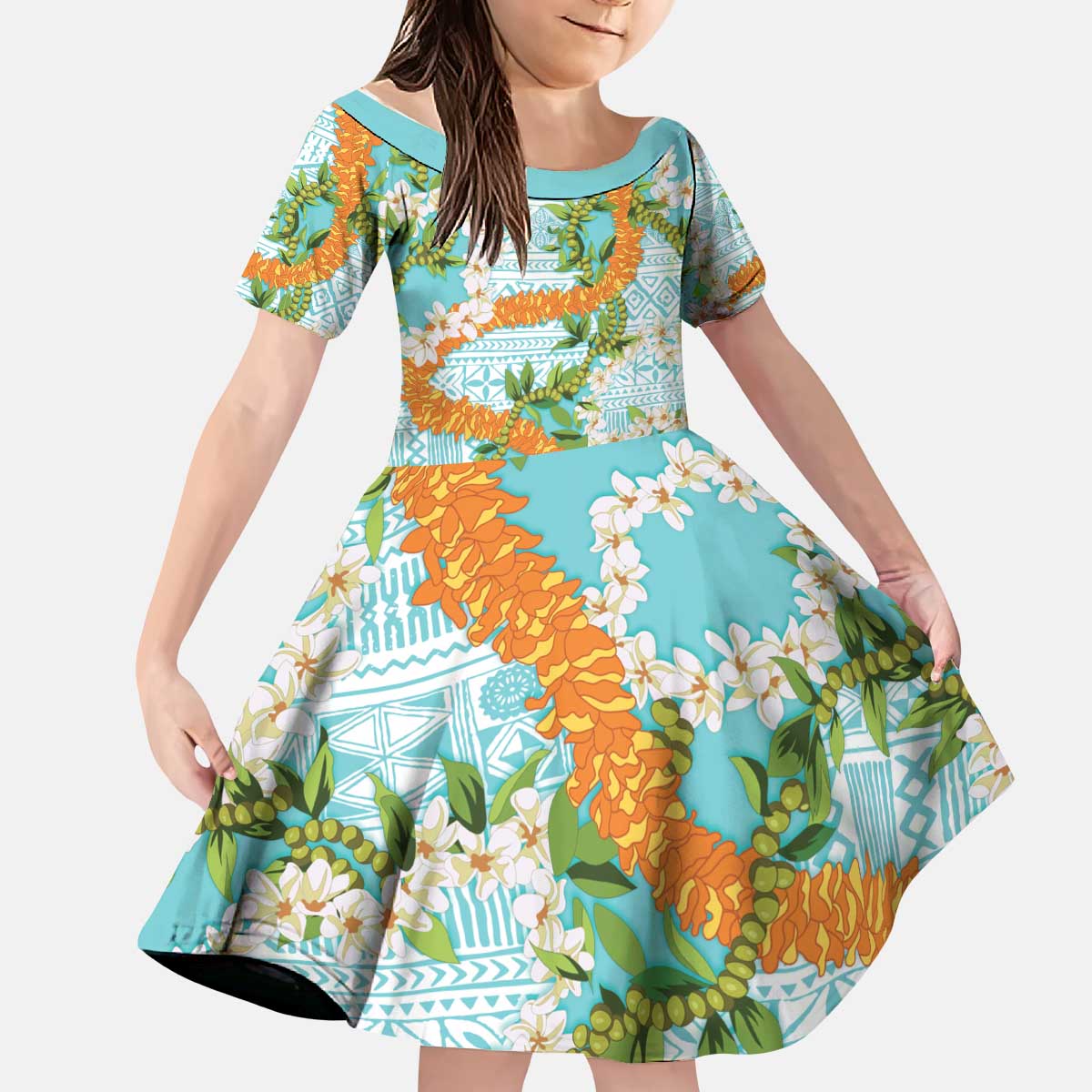 Aloha Festive Hawaii Kid Short Sleeve Dress Mokihana - Maile and Ilima on Turquoise LT7 KID Turquoise - Polynesian Pride