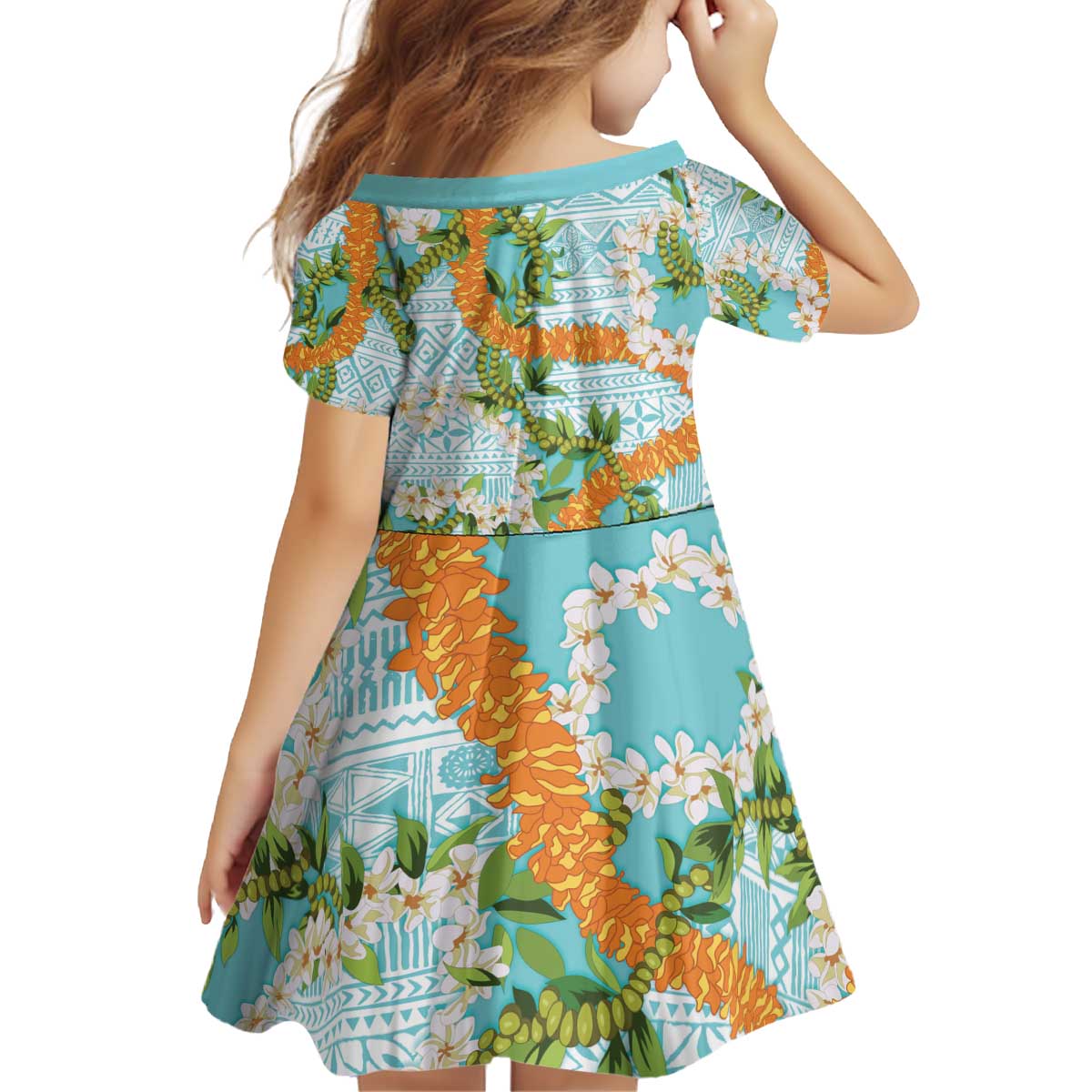 Aloha Festive Hawaii Kid Short Sleeve Dress Mokihana - Maile and Ilima on Turquoise LT7 - Polynesian Pride