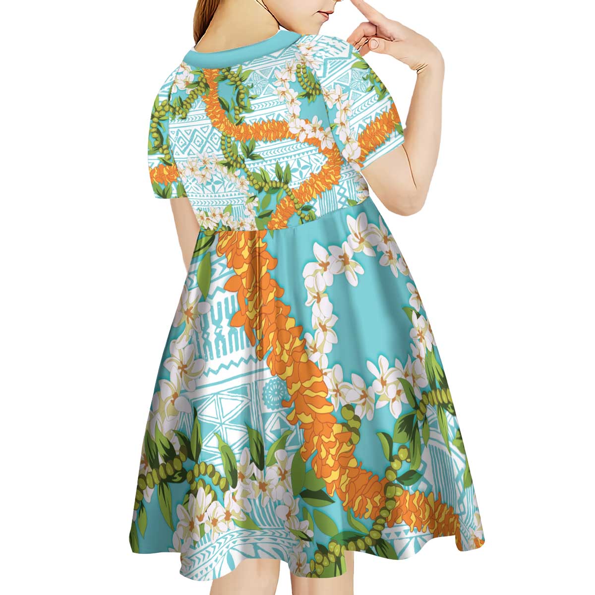 Aloha Festive Hawaii Kid Short Sleeve Dress Mokihana - Maile and Ilima on Turquoise LT7 - Polynesian Pride