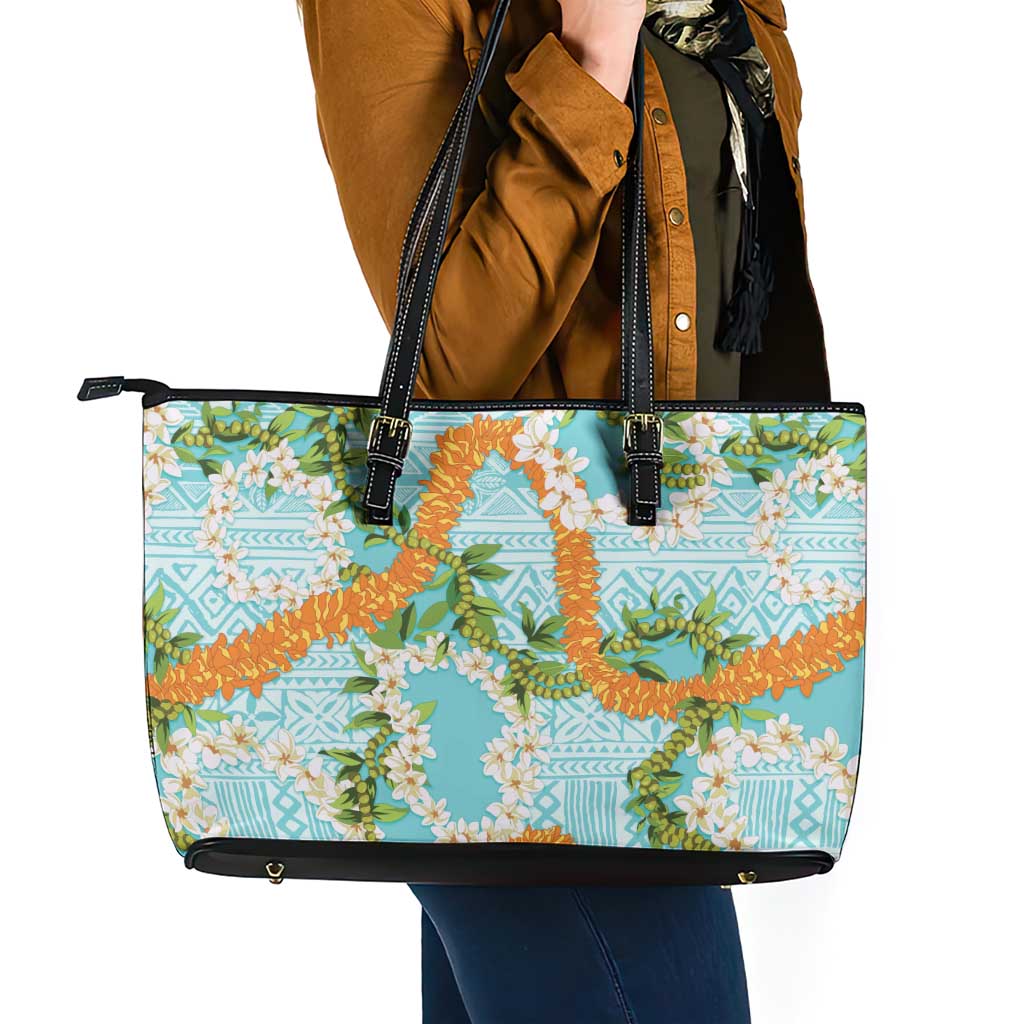Aloha Festive Hawaii Leather Tote Bag Mokihana - Maile and Ilima on Turquoise - Polynesian Pride