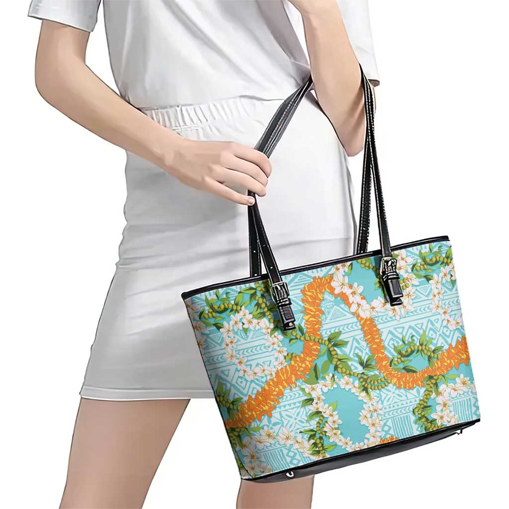 Aloha Festive Hawaii Leather Tote Bag Mokihana - Maile and Ilima on Turquoise - Polynesian Pride