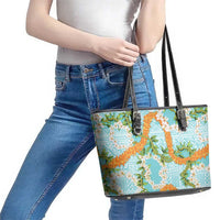 Aloha Festive Hawaii Leather Tote Bag Mokihana - Maile and Ilima on Turquoise - Polynesian Pride