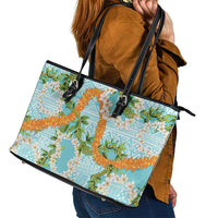 Aloha Festive Hawaii Leather Tote Bag Mokihana - Maile and Ilima on Turquoise - Polynesian Pride