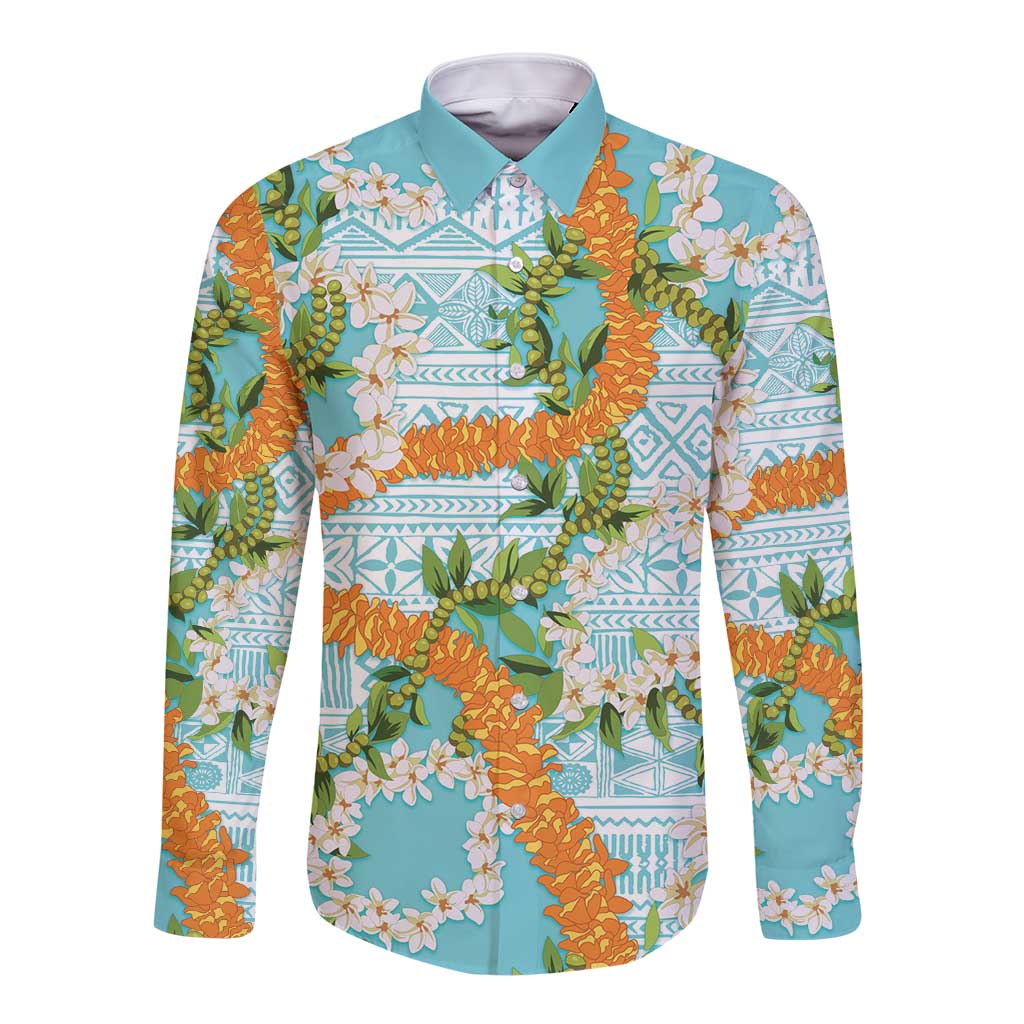 Aloha Festive Hawaii Long Sleeve Button Shirt Mokihana - Maile and Ilima on Turquoise LT7 Unisex Turquoise - Polynesian Pride