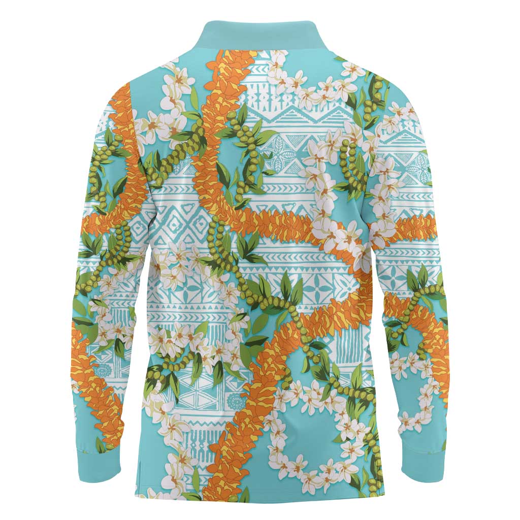 Aloha Festive Hawaii Long Sleeve Polo Shirt Mokihana - Maile and Ilima on Turquoise - Polynesian Pride