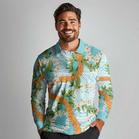 Aloha Festive Hawaii Long Sleeve Polo Shirt Mokihana - Maile and Ilima on Turquoise - Polynesian Pride