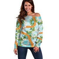 Aloha Festive Hawaii Off Shoulder Sweater Mokihana - Maile and Ilima on Turquoise - Polynesian Pride