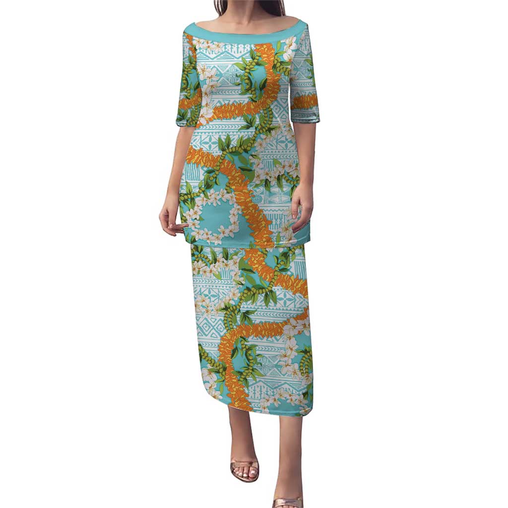 Aloha Festive Hawaii Puletasi Mokihana - Maile and Ilima on Turquoise - Polynesian Pride