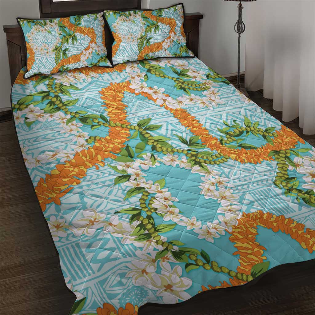 Aloha Festive Hawaii Quilt Bed Set Mokihana - Maile and Ilima on Turquoise - Polynesian Pride