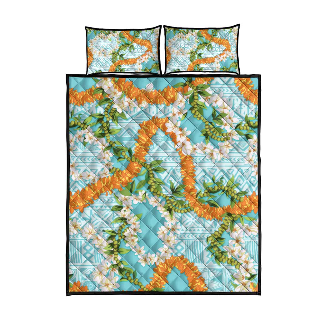 Aloha Festive Hawaii Quilt Bed Set Mokihana - Maile and Ilima on Turquoise LT7 - Polynesian Pride