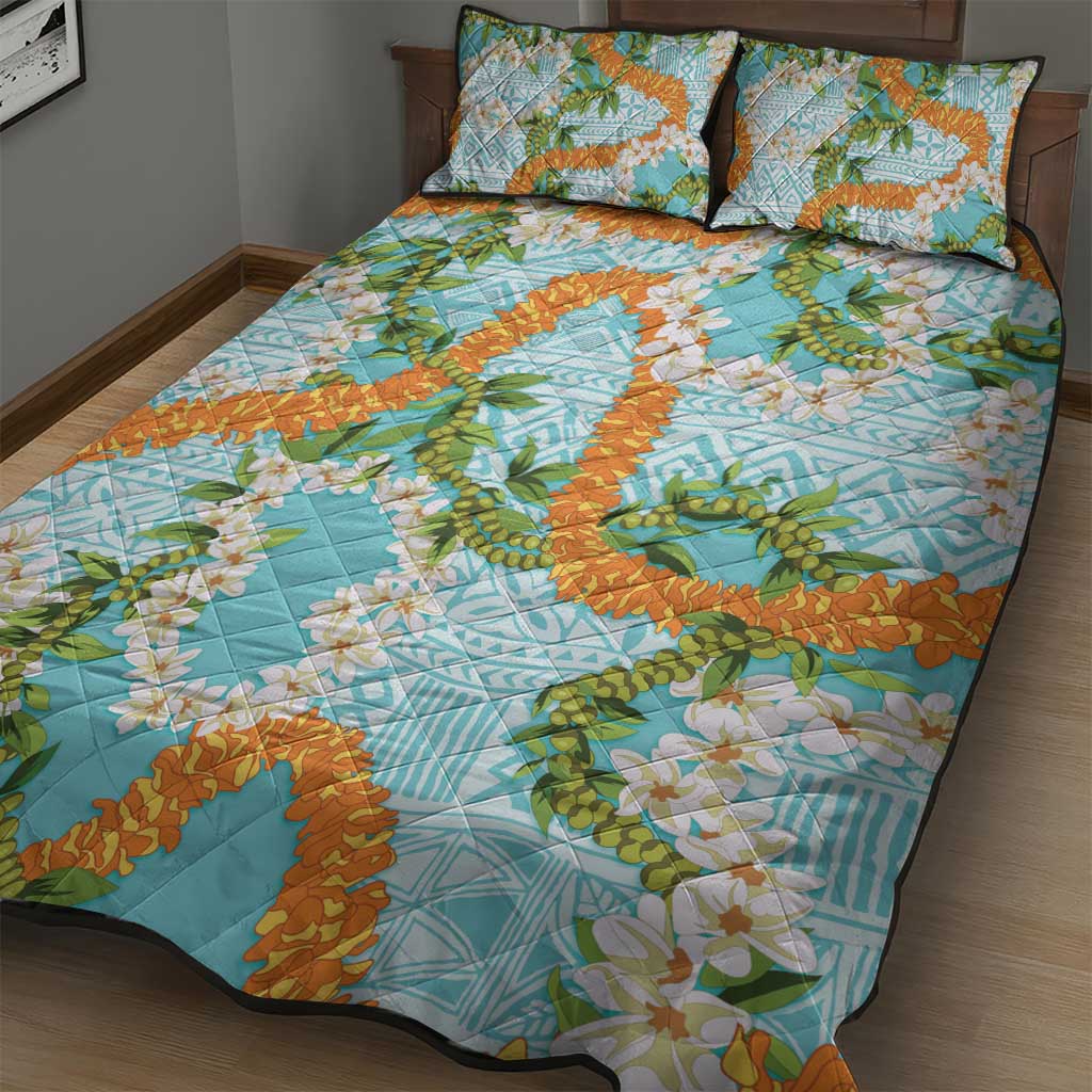Aloha Festive Hawaii Quilt Bed Set Mokihana - Maile and Ilima on Turquoise LT7 - Polynesian Pride