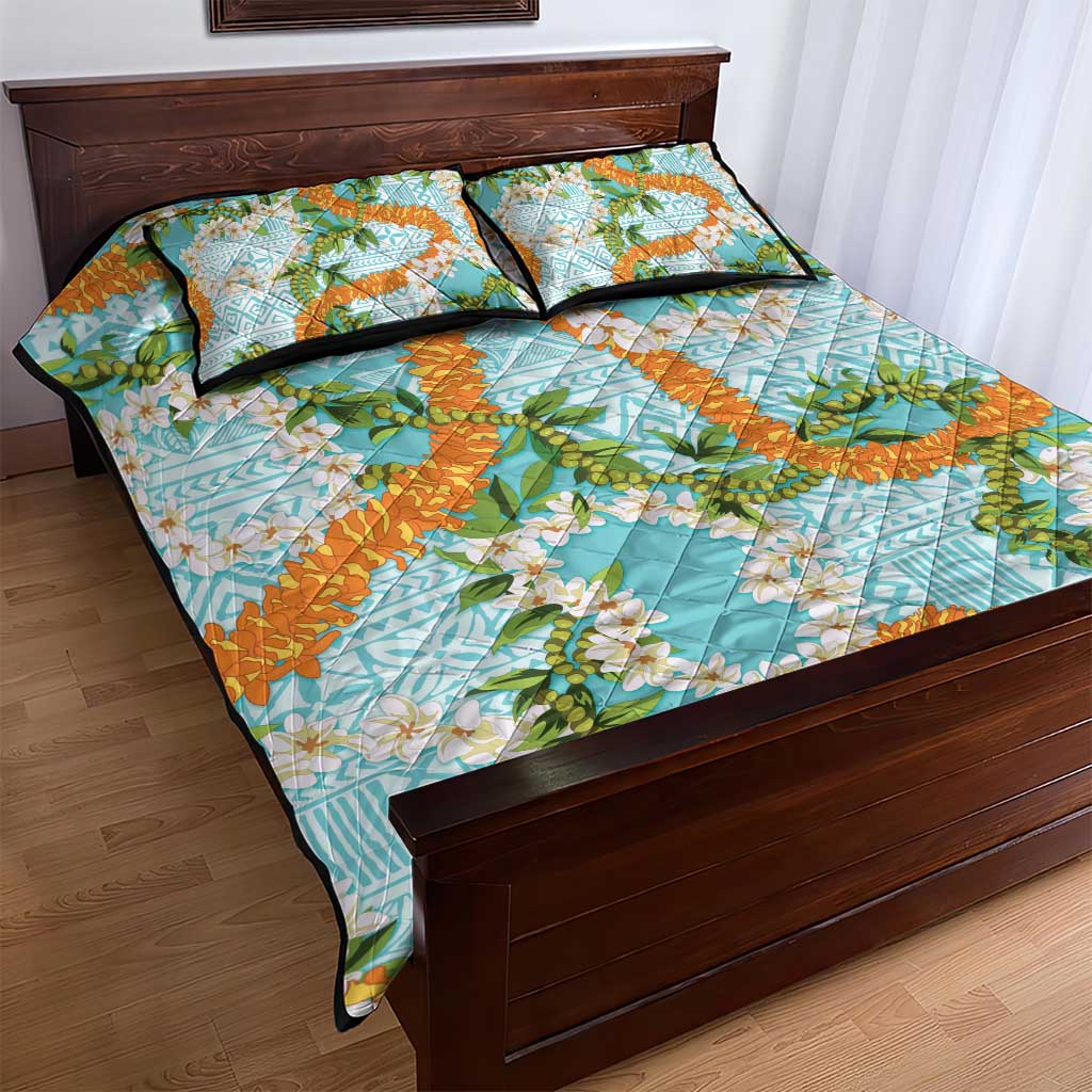 Aloha Festive Hawaii Quilt Bed Set Mokihana - Maile and Ilima on Turquoise LT7 - Polynesian Pride