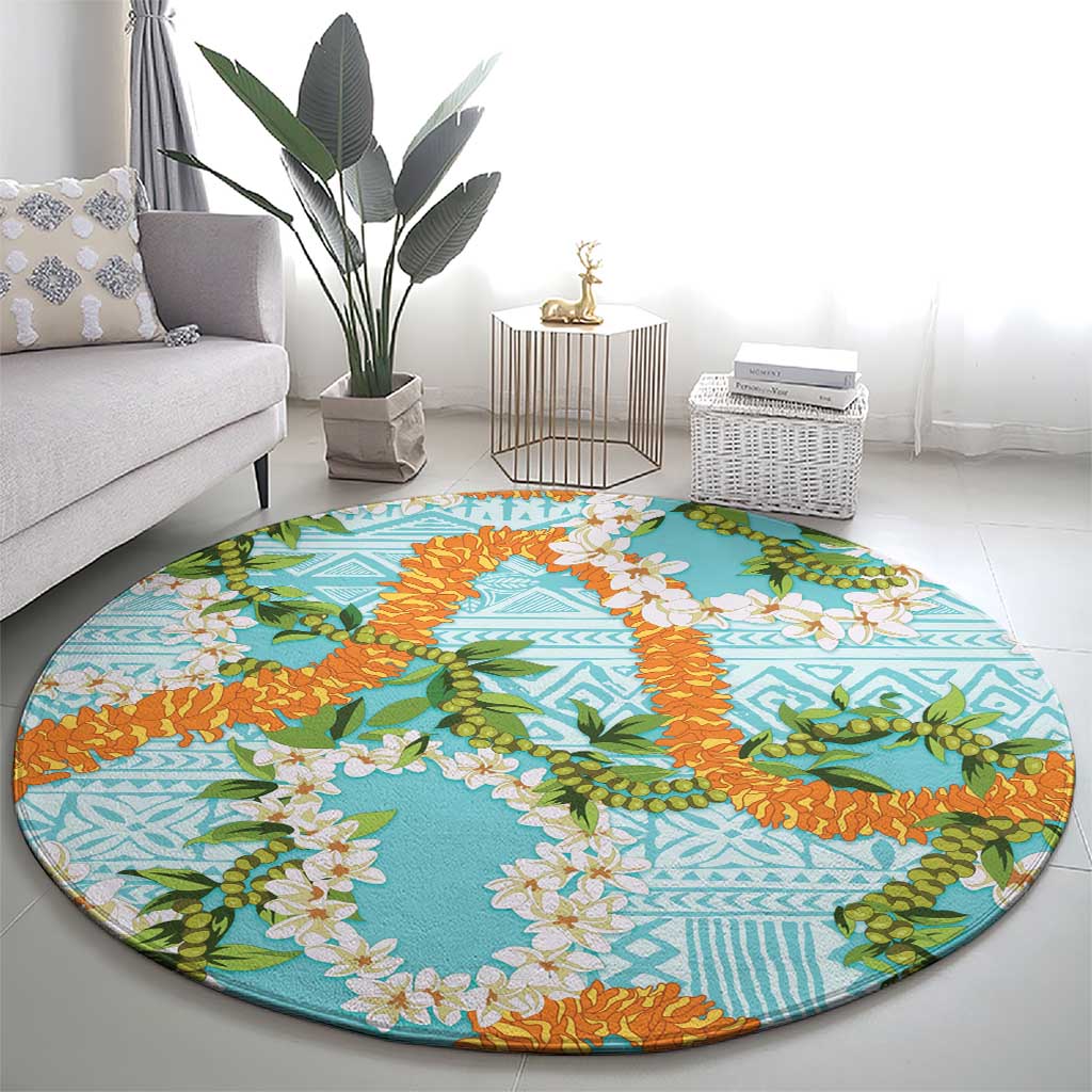 Aloha Festive Hawaii Round Carpet Mokihana - Maile and Ilima on Turquoise - Polynesian Pride