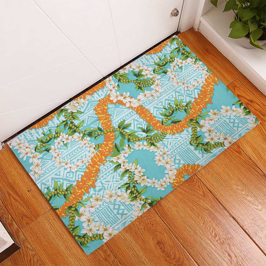 Aloha Festive Hawaii Rubber Doormat Mokihana - Maile and Ilima on Turquoise LT7 - Polynesian Pride