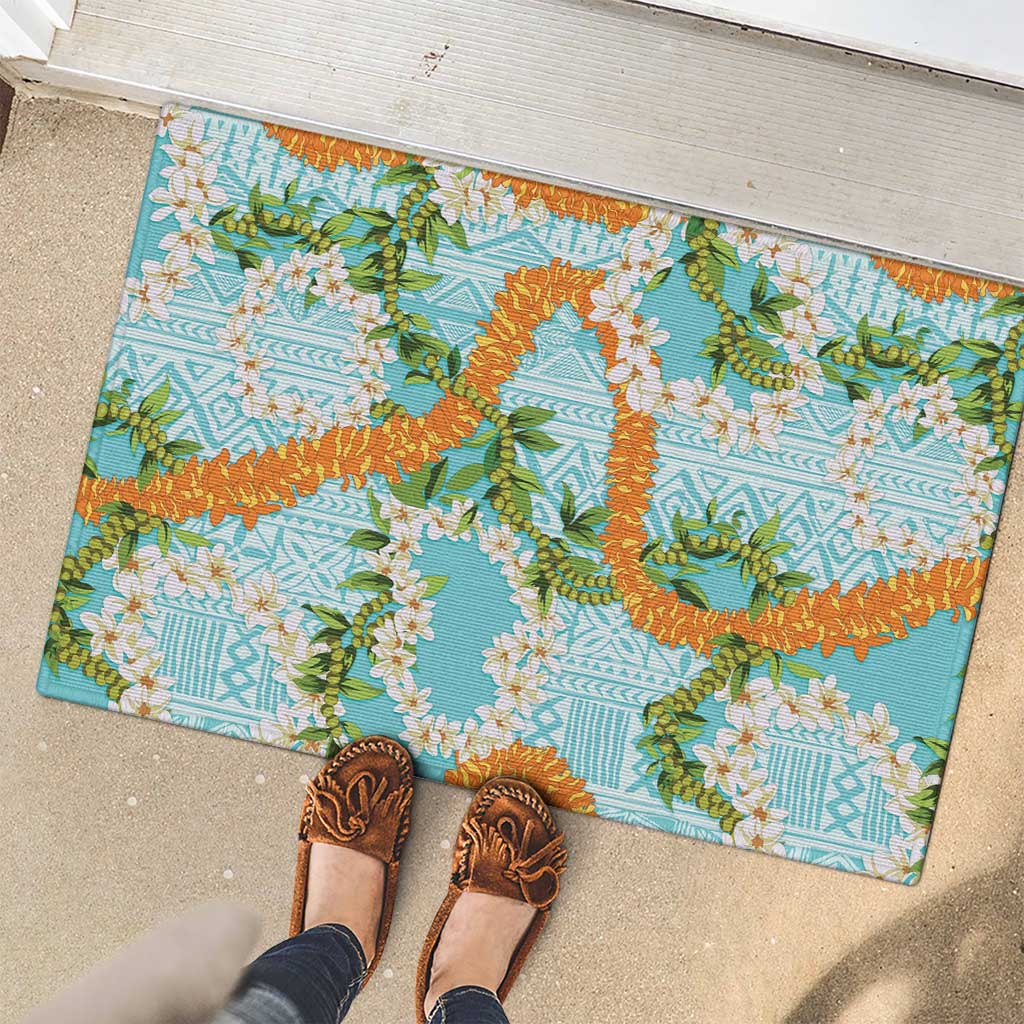 Aloha Festive Hawaii Rubber Doormat Mokihana - Maile and Ilima on Turquoise LT7 - Polynesian Pride