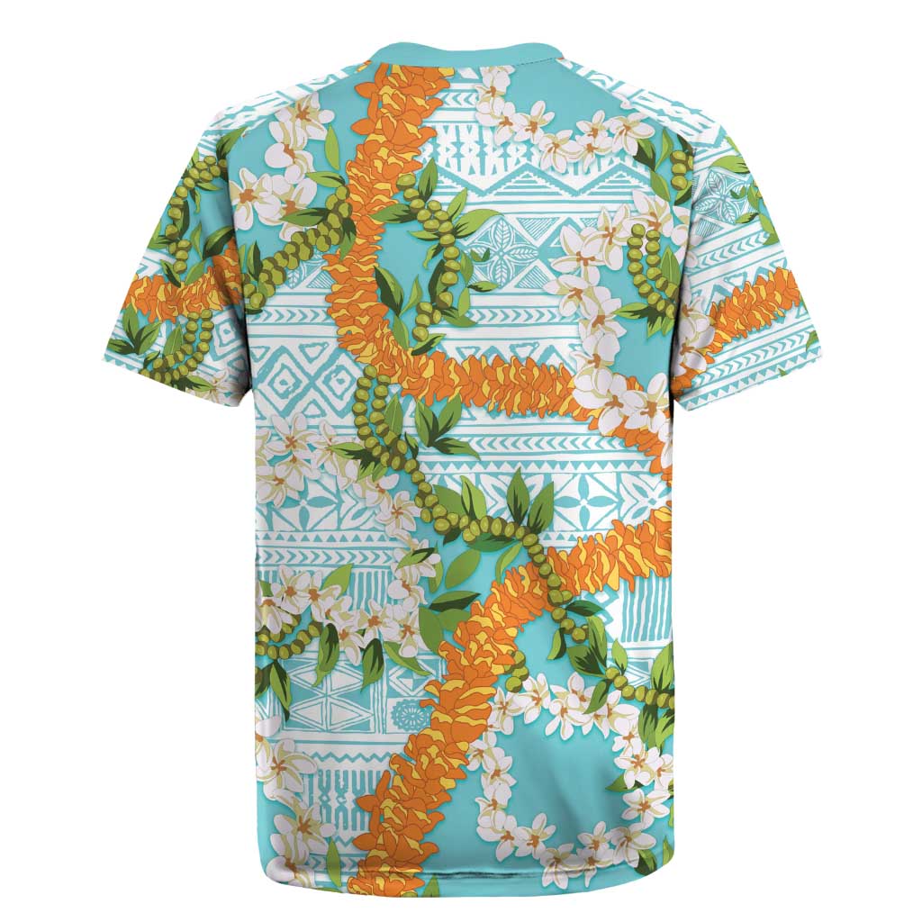 Aloha Festive Hawaii Rugby Jersey Mokihana - Maile and Ilima on Turquoise LT7 - Polynesian Pride