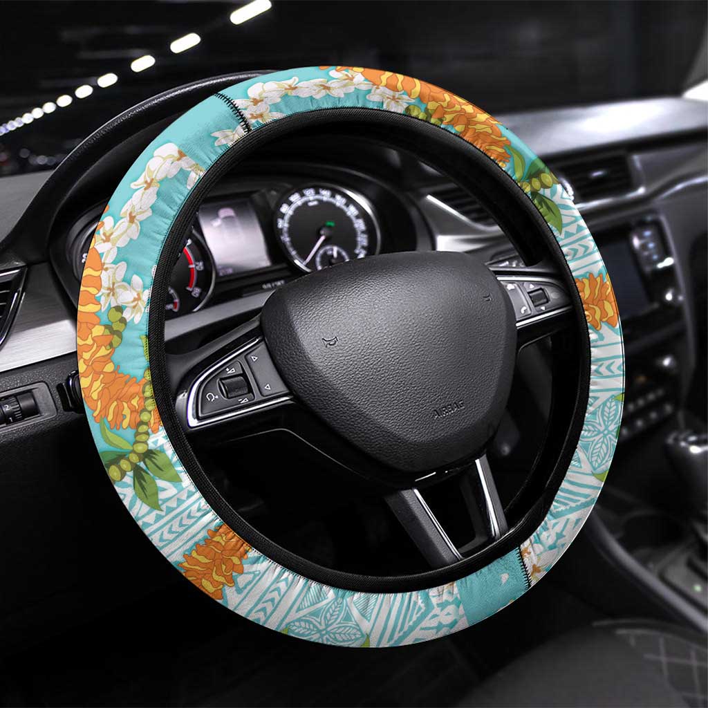 Aloha Festive Hawaii Steering Wheel Cover Mokihana - Maile and Ilima on Turquoise - Polynesian Pride