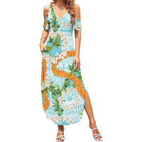 Aloha Festive Hawaii Summer Maxi Dress Mokihana - Maile and Ilima on Turquoise - Polynesian Pride