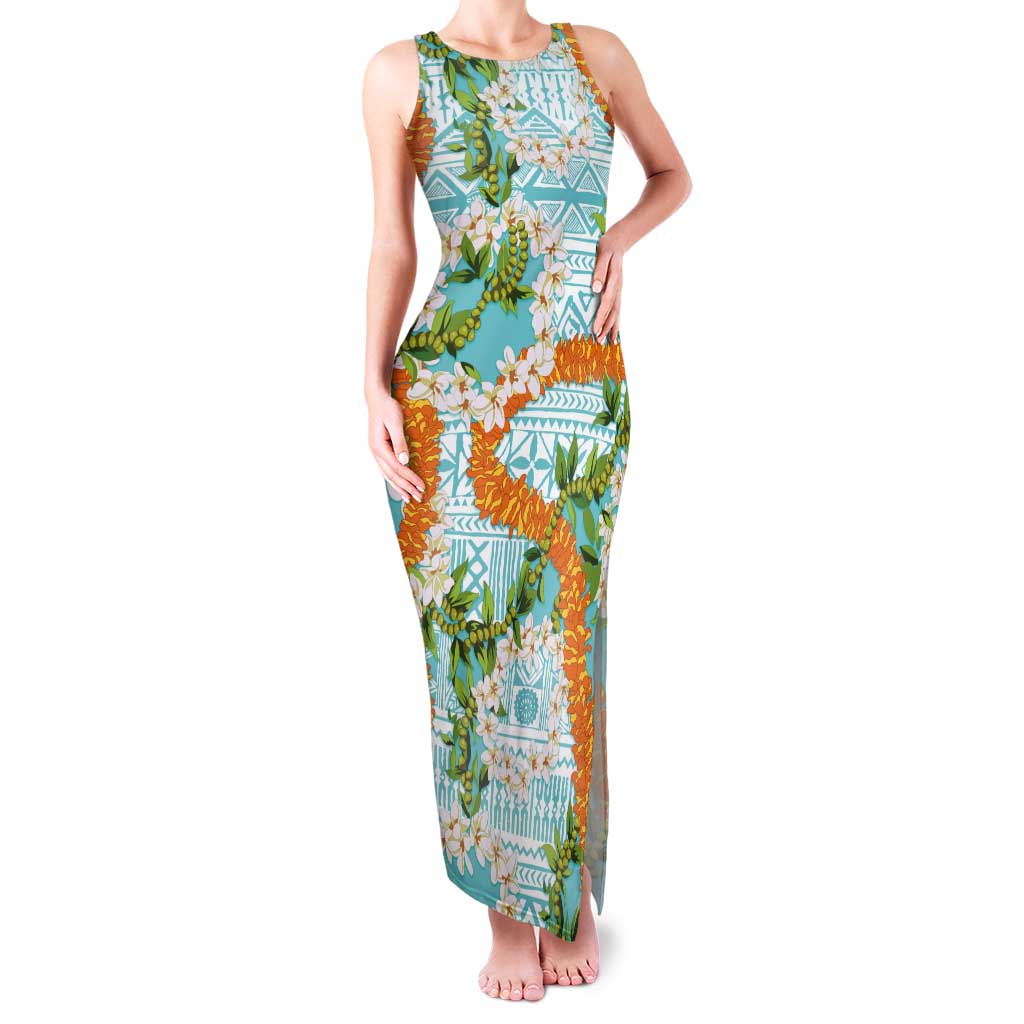 Aloha Festive Hawaii Tank Maxi Dress Mokihana - Maile and Ilima on Turquoise - Polynesian Pride