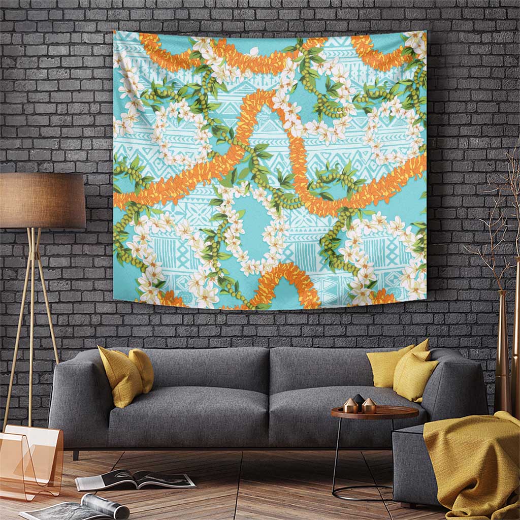 Aloha Festive Hawaii Tapestry Mokihana - Maile and Ilima on Turquoise - Polynesian Pride