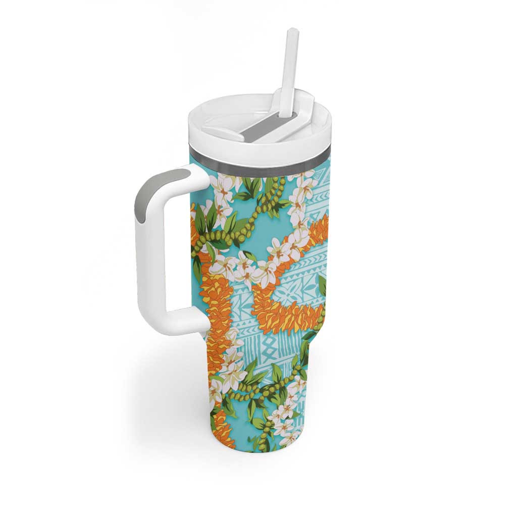 Aloha Festive Hawaii Tumbler With Handle Mokihana - Maile and Ilima on Turquoise - Polynesian Pride